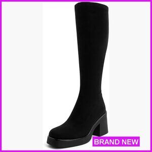 Knee High Platform Boots Chunky Heel Square Toe Side Zipper GoGo Style